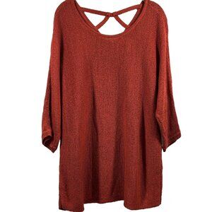 Chicos Tunic Sweater Size Large Solid Rust 3/4 Sleeves Knit Pullover Semi Sheer